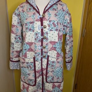 Quilted Floral Patchwork Hooded Coat in Cream, Blue & Burgundy